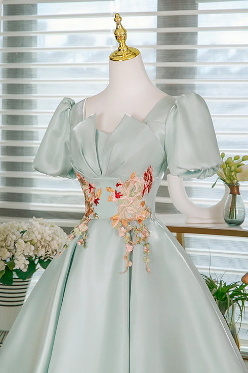 Green Satin A-line with Flower Short Sleeves Homecoming Dress, Green Satin Party Dress